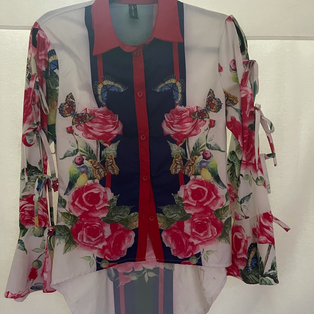 Floral Long Sleeve Button Down Shirt With Details On Sleeves